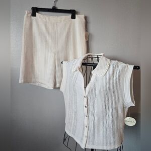 NWT Chenault White Knit Button Up Top and Shorts Set Summer Swim Suit Cover Up